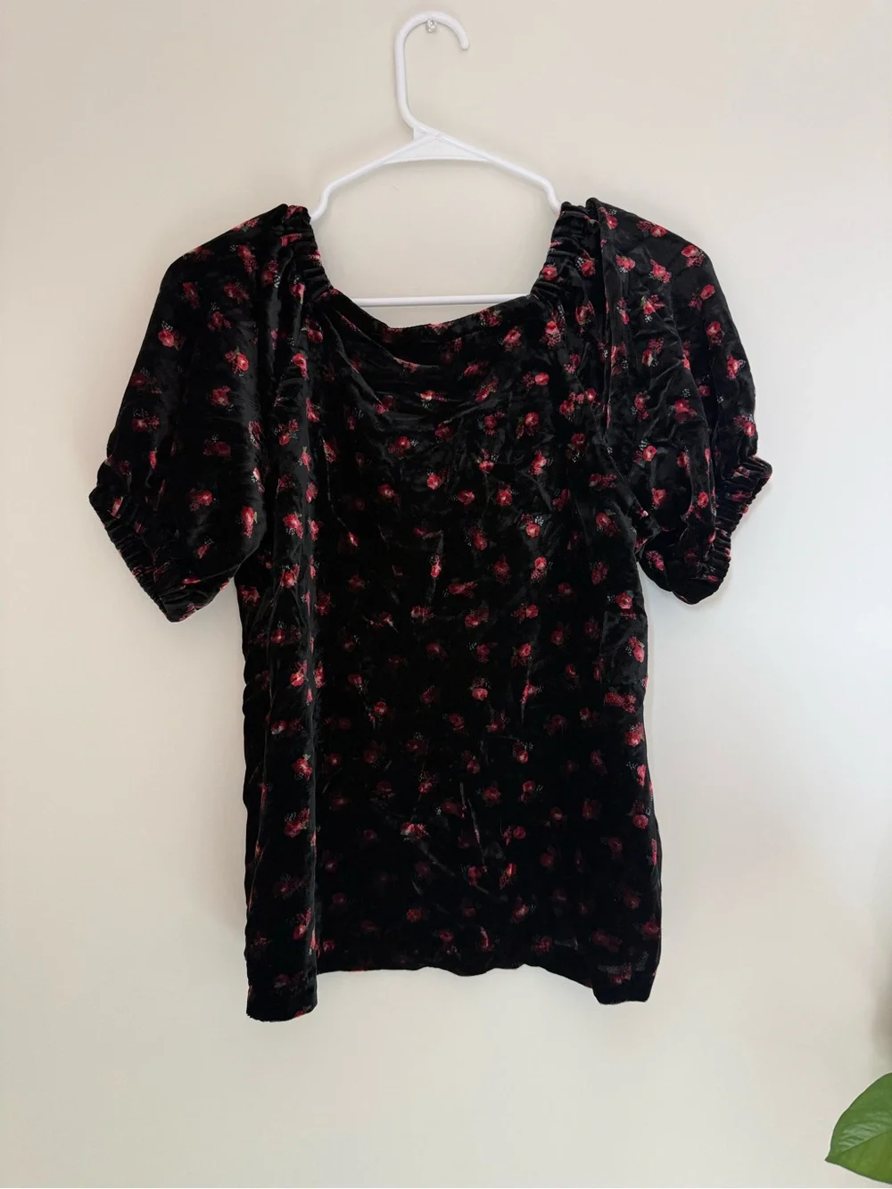 LOFT Black Velvet V-Neck Puff Sleeve Top with Red Floral Print